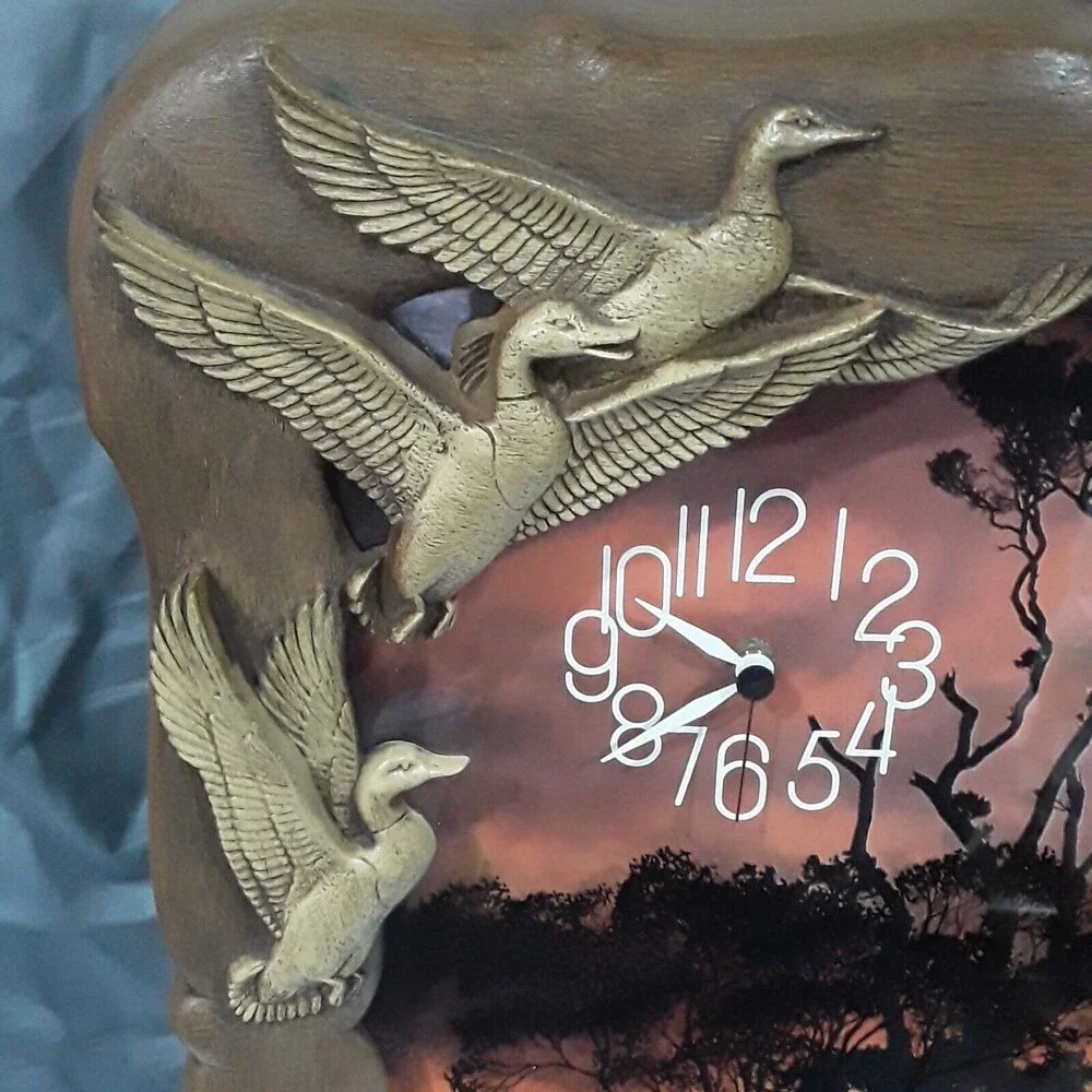 Vintage 1970s Wall Clock Art Flying Geese Duck Set of 3 & 3D Tree Waterfowl
